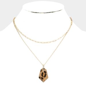 Gold Chain Double Layered Animal Leopard Print Link Angled Pendant Necklace